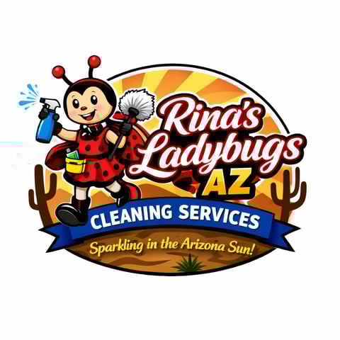 Rindas Ladybugs AZ Cleaning Services logo featuring a red ladybug mascot holding cleaning supplies against a desert sunset background