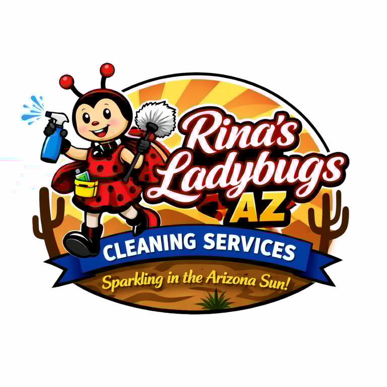 Rindas Ladybugs AZ Cleaning Services logo featuring a red ladybug mascot holding cleaning supplies against a desert sunset background
