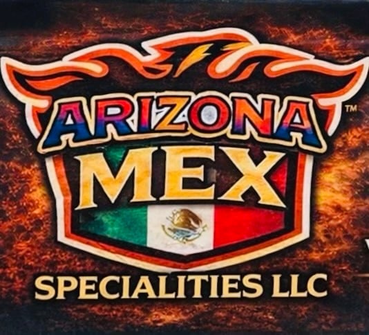Arizona Mex Specialities LLC logo with flaming design and Mexican flag on textured background