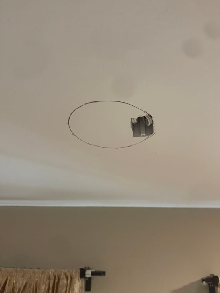 Ceiling-mounted oval electrical fixture or recessed light with mounting hardware visible on white ceiling