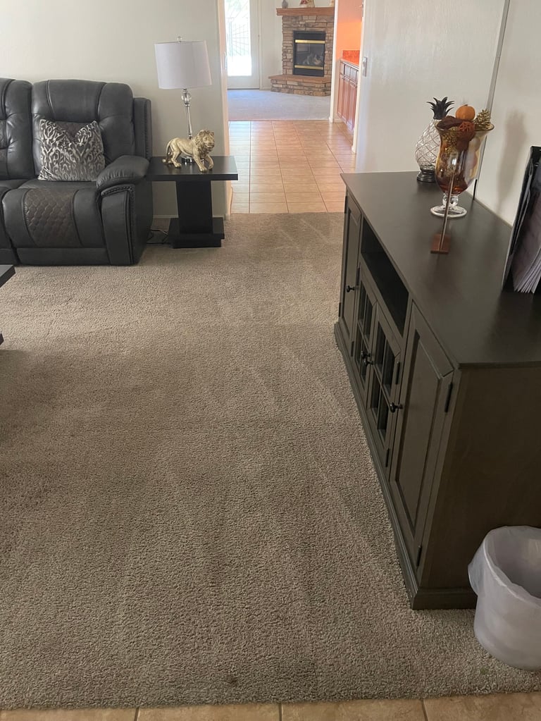 Living room with gray recliner, cabinet, and beige carpet extending into a kitchen area with tile flooring